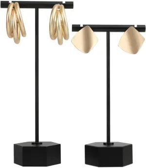 GemeShou Black Metal 2pcs Earring Display T Stand for Show, T Bar Jewelry Holder Tree for Retail Photography Black-Hexagon Base 2pcs Height 4.5" and 5.3"
