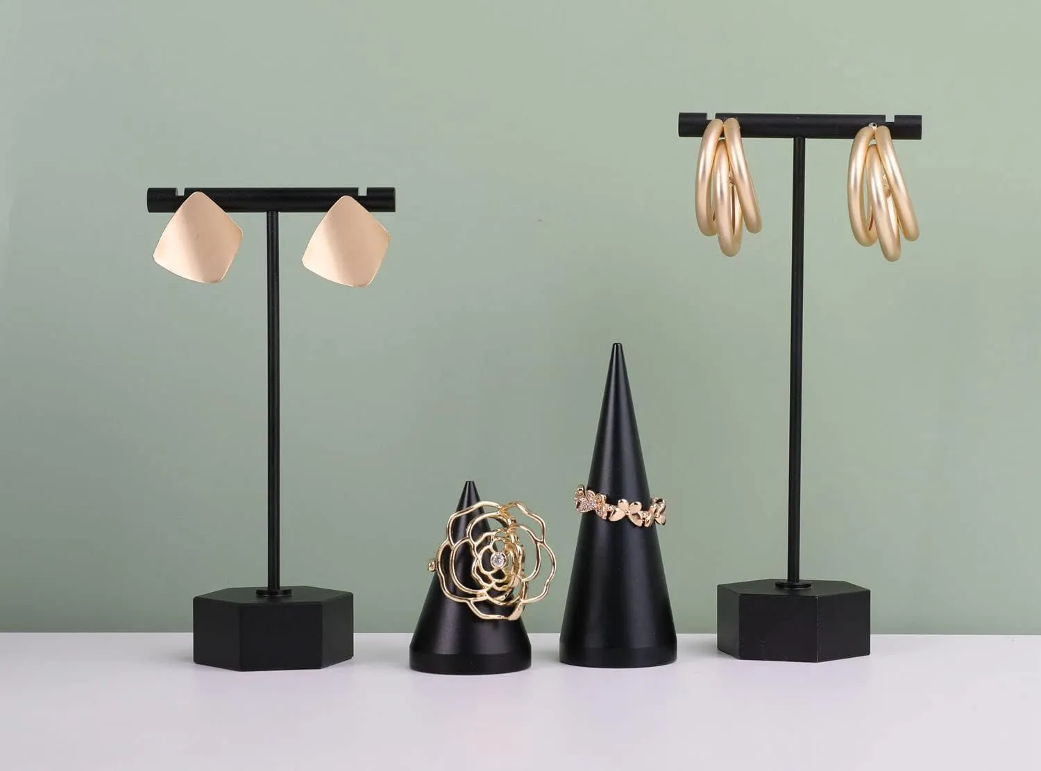 GemeShou Black Metal 2pcs Earring Display T Stand for Show, T Bar Jewelry Holder Tree for Retail Photography Black-Hexagon Base 2pcs Height 4.5" and 5.3"