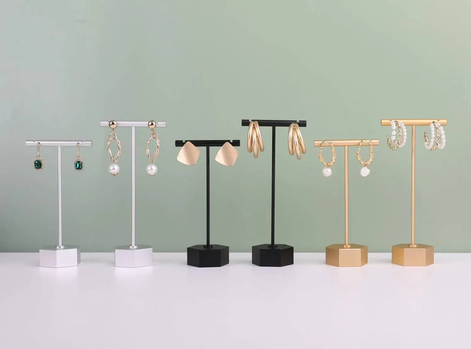 GemeShou Black Metal 2pcs Earring Display T Stand for Show, T Bar Jewelry Holder Tree for Retail Photography Black-Hexagon Base 2pcs Height 4.5" and 5.3"