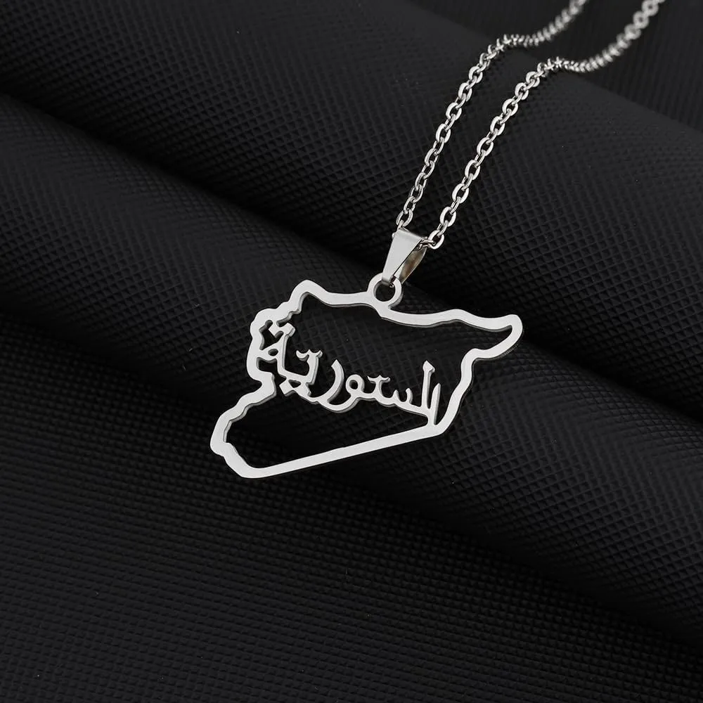 Geometric national landscape titanium steel Syrian map necklace Geometric figure hollowed out name necklace