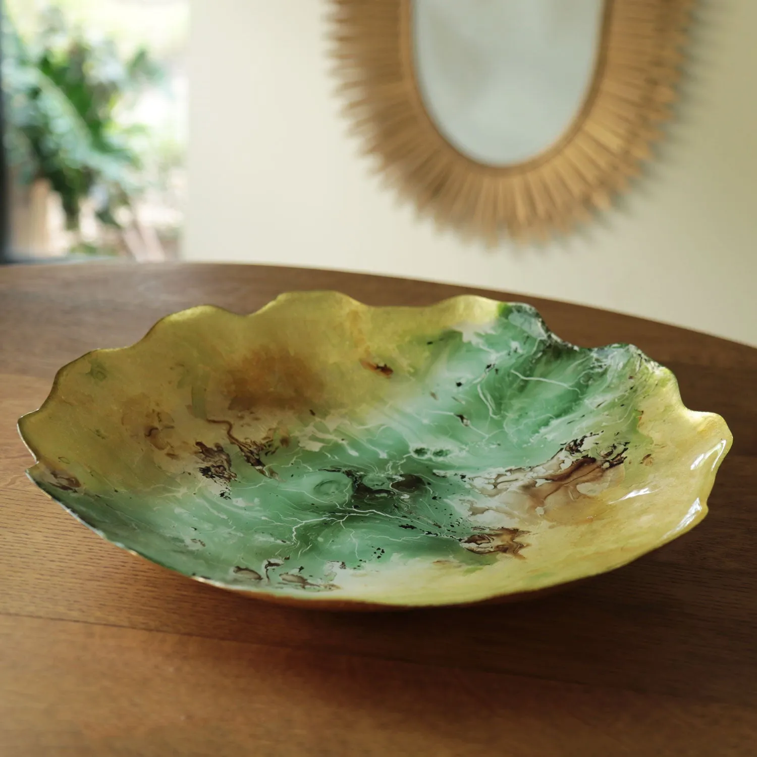 Glass New Orleans Large Painted Centerpiece with Scalloped Edges (Green & Gold)