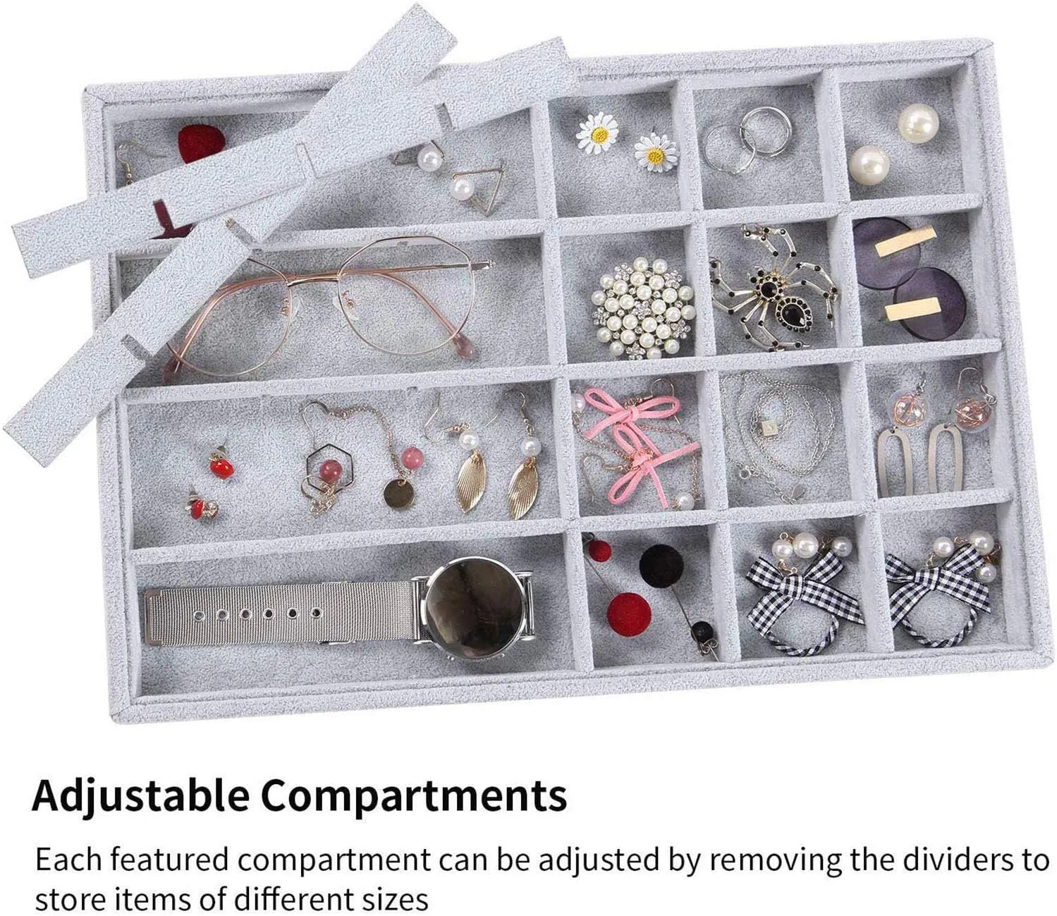 Gray Velvet Stackable 24 Grid Jewelry Tray Showcase Display Organizer Holder Dividers for Teen Gemstone,Pendant,Key, Marble Accessory Storage Box Case Adjustable Dish for Decorate Woman Vanity Table