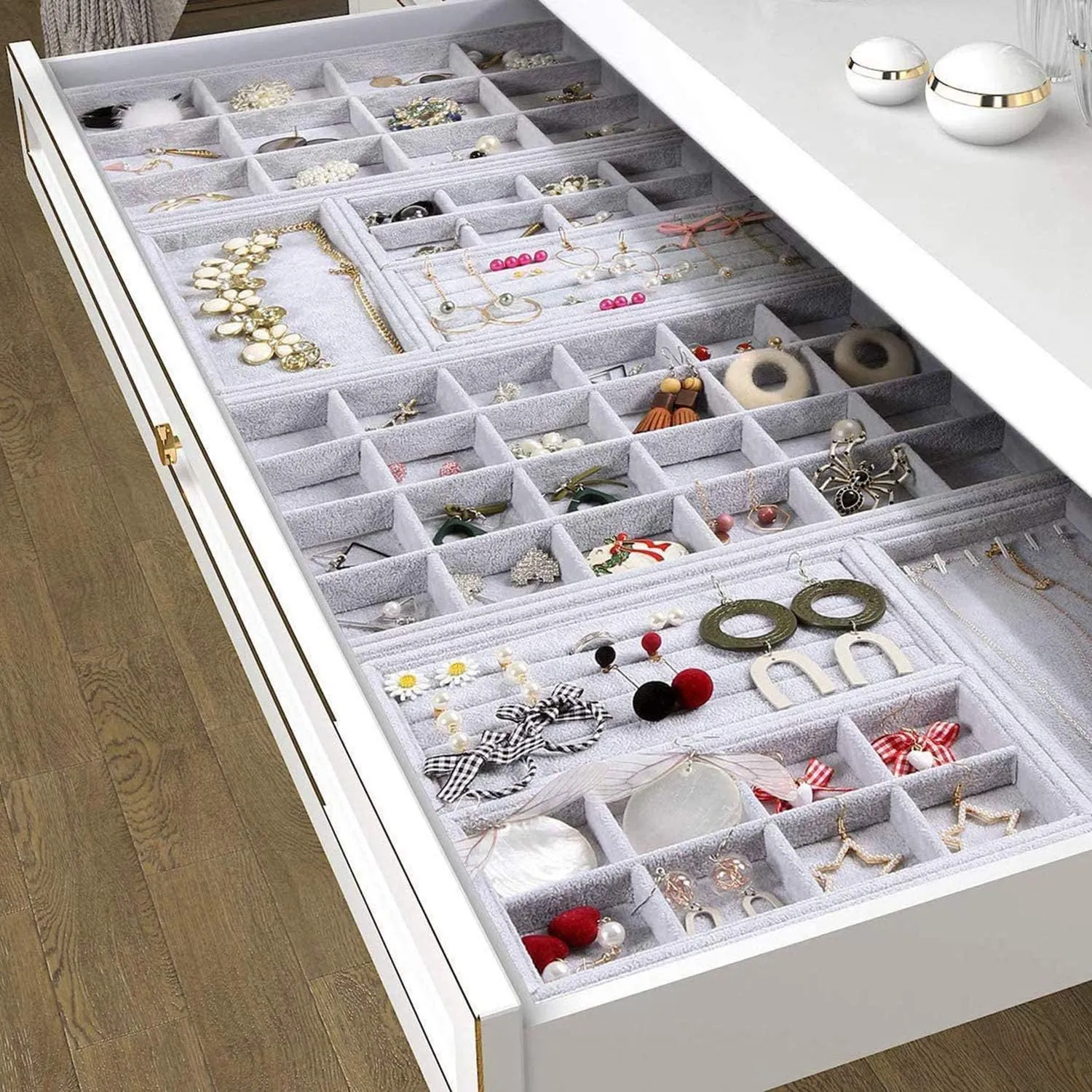 Gray Velvet Stackable 24 Grid Jewelry Tray Showcase Display Organizer Holder Dividers for Teen Gemstone,Pendant,Key, Marble Accessory Storage Box Case Adjustable Dish for Decorate Woman Vanity Table