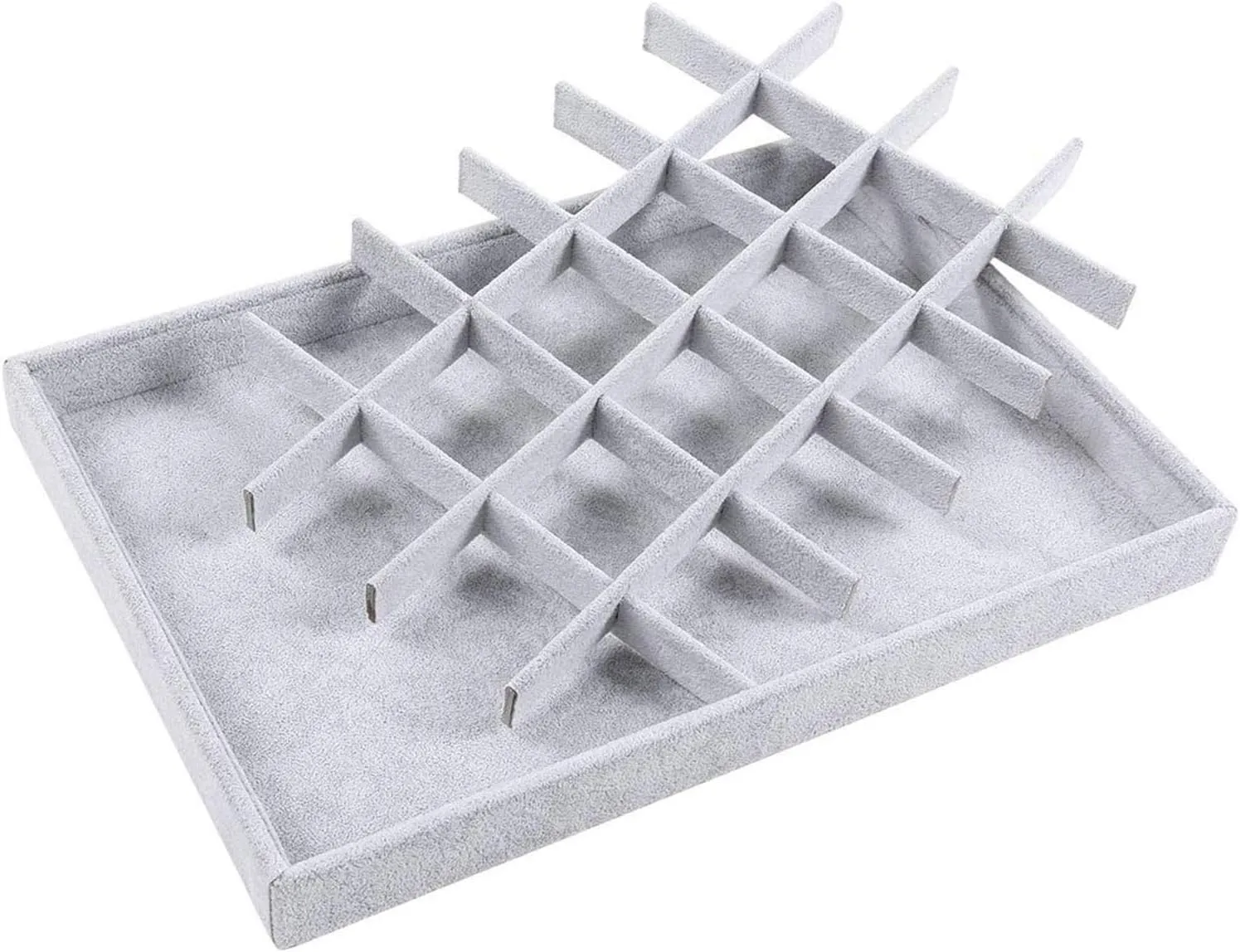 Gray Velvet Stackable 24 Grid Jewelry Tray Showcase Display Organizer Holder Dividers for Teen Gemstone,Pendant,Key, Marble Accessory Storage Box Case Adjustable Dish for Decorate Woman Vanity Table