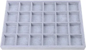 Gray Velvet Stackable 24 Grid Jewelry Tray Showcase Display Organizer Holder Dividers for Teen Gemstone,Pendant,Key, Marble Accessory Storage Box Case Adjustable Dish for Decorate Woman Vanity Table