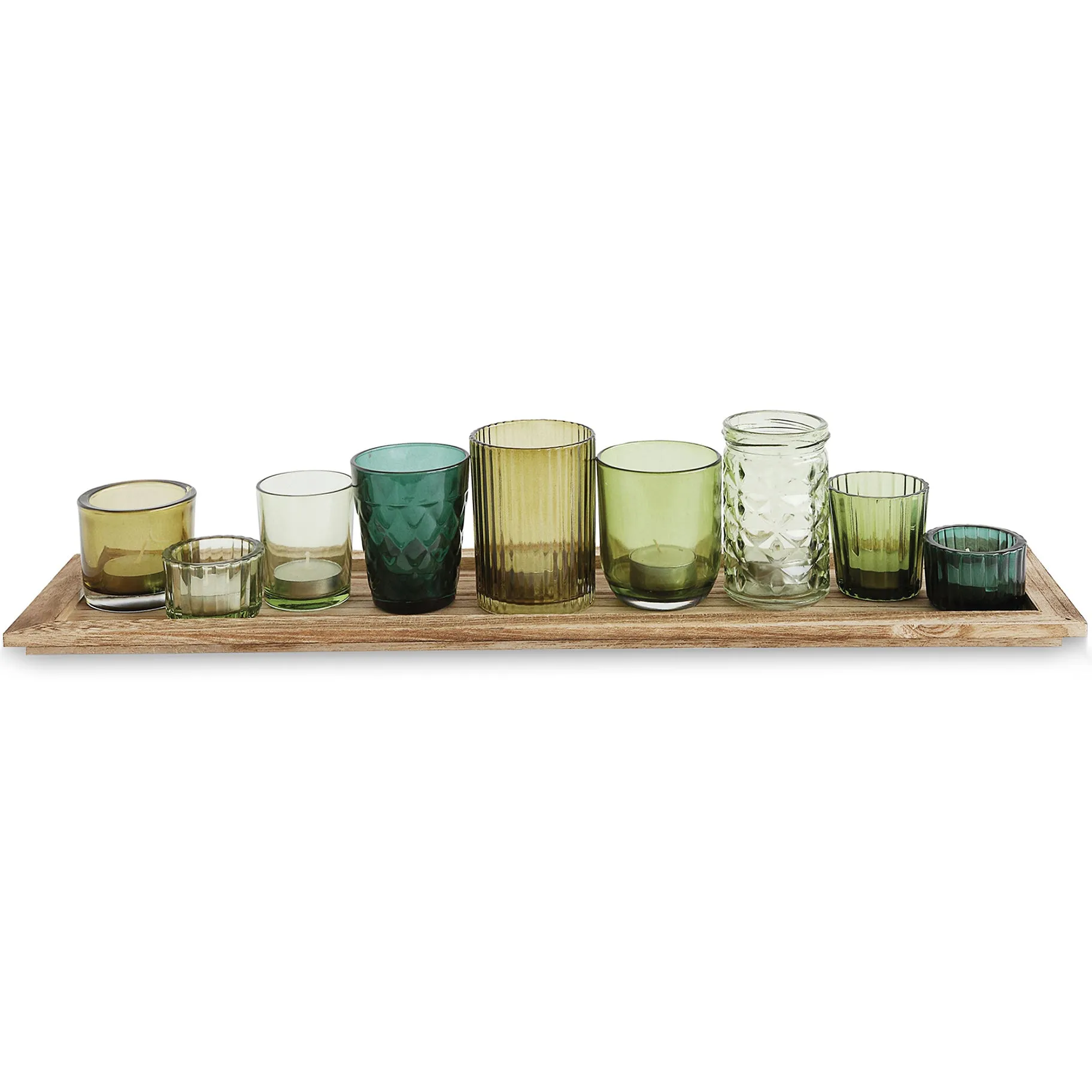 Green Glass Tealight Candle Holders With Wood Tray