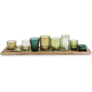 Green Glass Tealight Candle Holders With Wood Tray