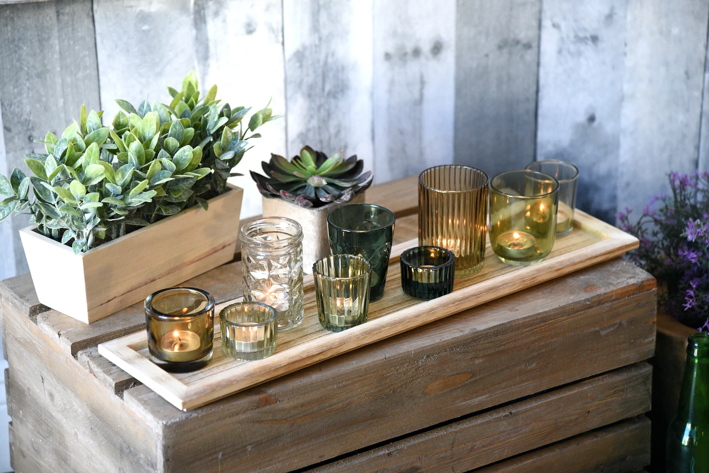 Green Glass Tealight Candle Holders With Wood Tray