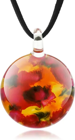 Hand Blown Glass Poppy Flowers Red Yellow Black Round Pendant Necklace, 18 inches
