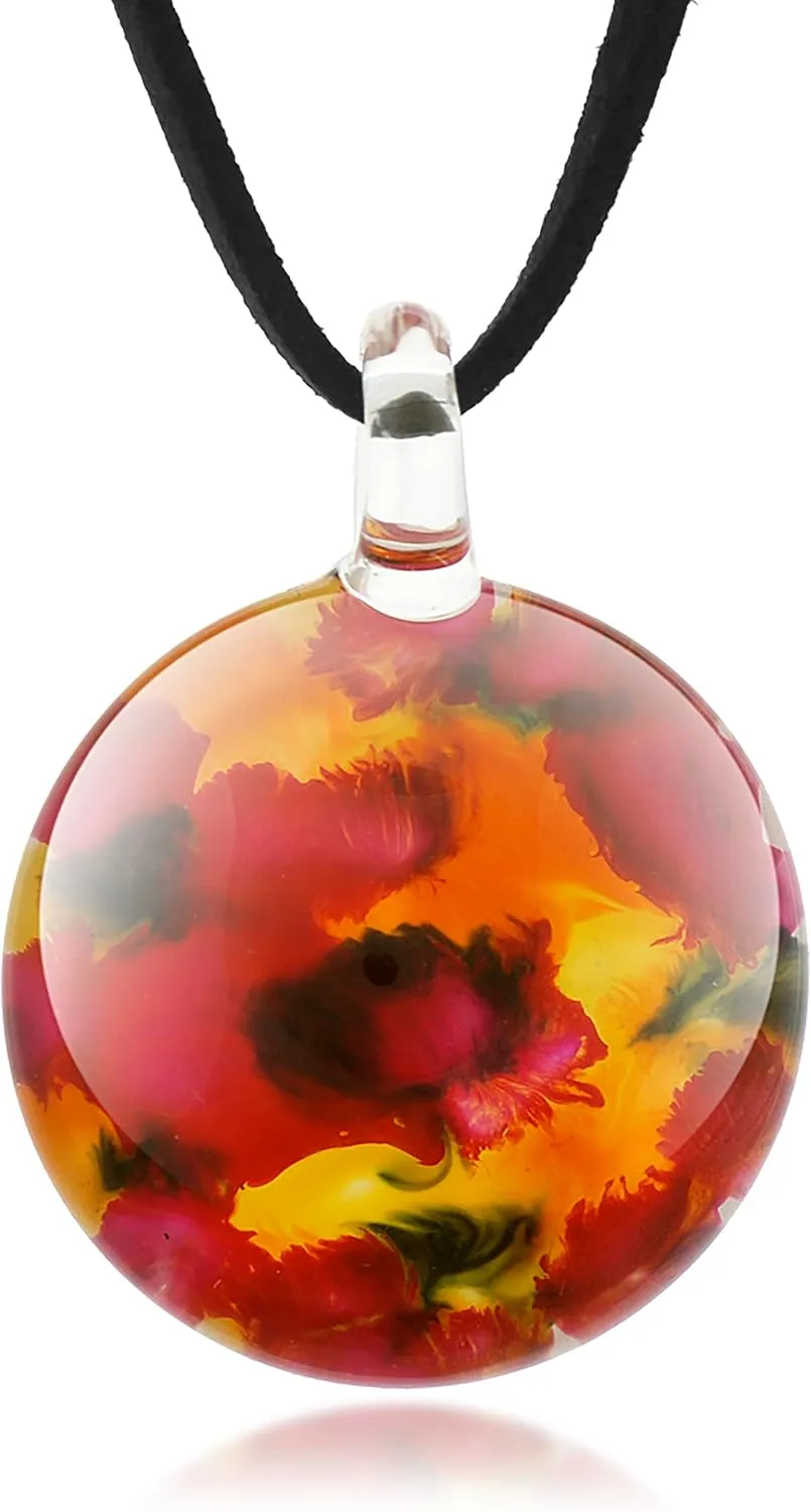 Hand Blown Glass Poppy Flowers Red Yellow Black Round Pendant Necklace, 18 inches