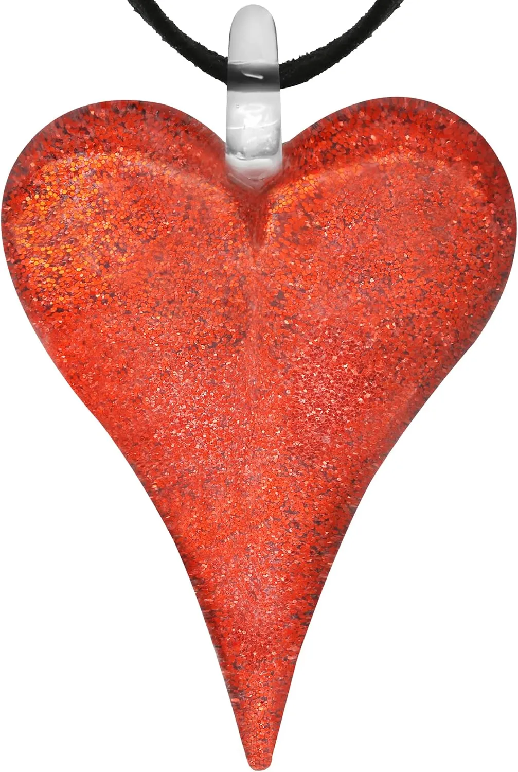 Hand Blown Glass Red Sparkle Long Heart Shaped Pendant Necklace, 18 inches
