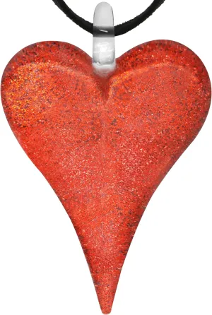 Hand Blown Glass Red Sparkle Long Heart Shaped Pendant Necklace, 18 inches