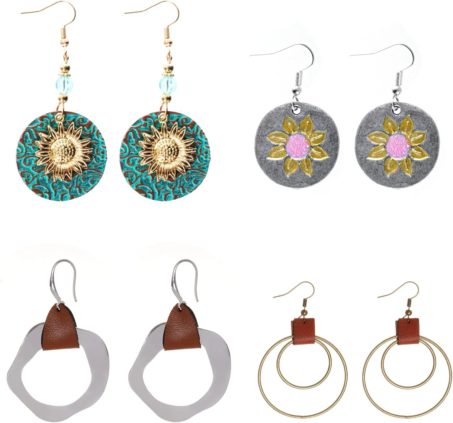 hoyuwak 4 Pair Boho Dangle Earrings Round Vintage Sunflower Earrings Set Geometric Round Leather Jewelry for Women Jewelry Gift