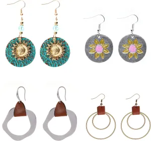hoyuwak 4 Pair Boho Dangle Earrings Round Vintage Sunflower Earrings Set Geometric Round Leather Jewelry for Women Jewelry Gift
