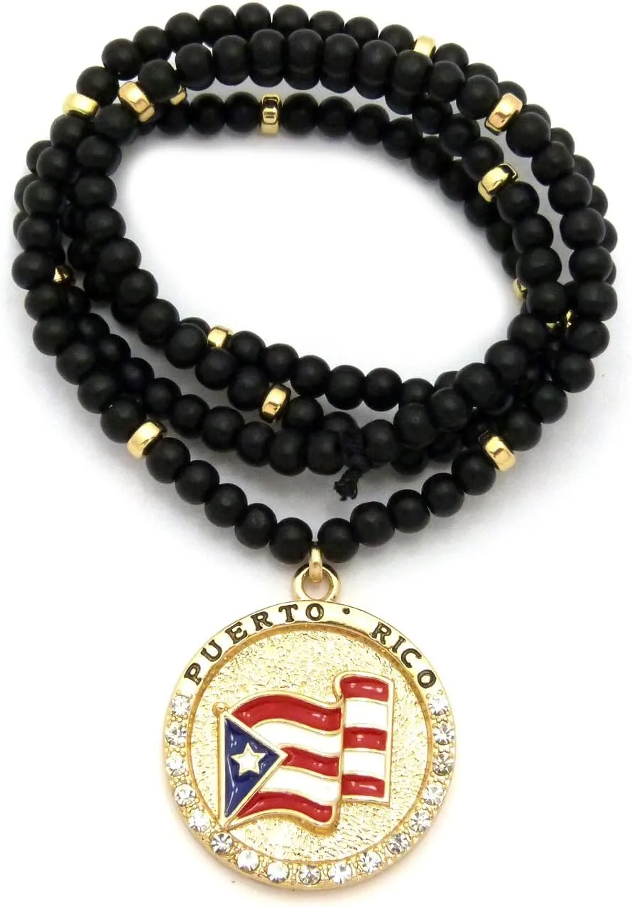 Iced Out Puerto Rico Flag Round Pendant 6mm 30" Black Wooden Bead Necklace in Gold Tone
