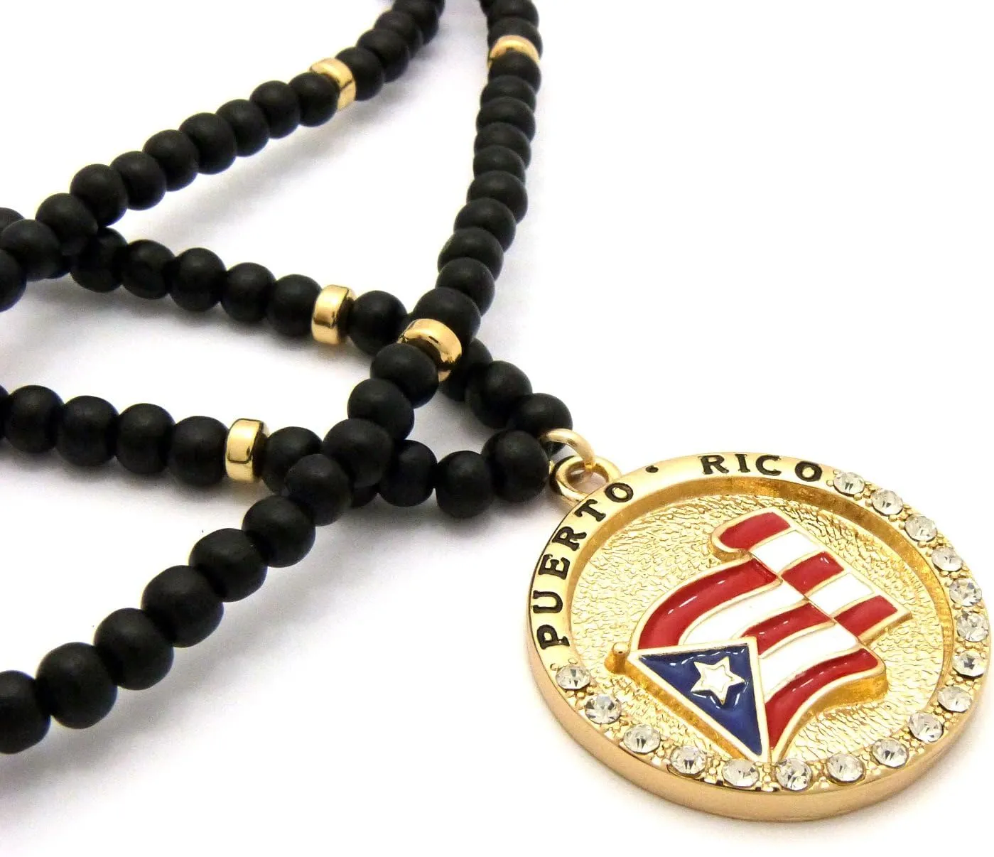 Iced Out Puerto Rico Flag Round Pendant 6mm 30" Black Wooden Bead Necklace in Gold Tone