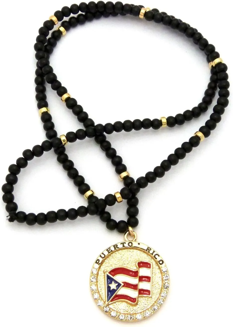 Iced Out Puerto Rico Flag Round Pendant 6mm 30" Black Wooden Bead Necklace in Gold Tone