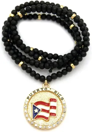 Iced Out Puerto Rico Flag Round Pendant 6mm 30" Black Wooden Bead Necklace in Gold Tone