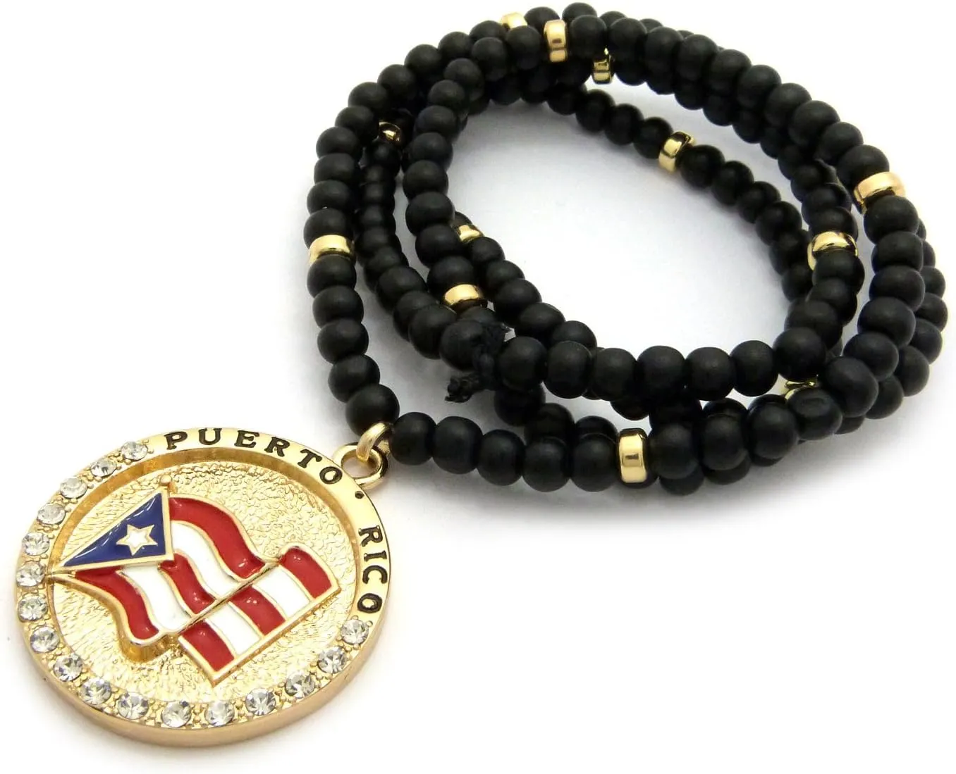 Iced Out Puerto Rico Flag Round Pendant 6mm 30" Black Wooden Bead Necklace in Gold Tone