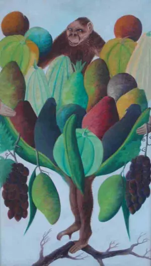 Jasmin Joseph (1923-2005) 28"x16" The Monkey and the Fruit Tree Oil on Masonite #1-3-96GN-HA