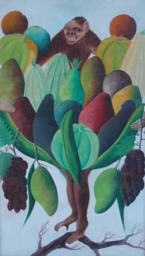 Jasmin Joseph (1923-2005) 28"x16" The Monkey and the Fruit Tree Oil on Masonite #1-3-96GN-HA