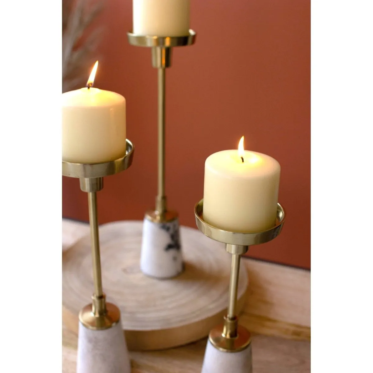 Kalalou - SET OF THREE BRASS TAPER CANDLE HOLDERS WITH MARBLE BASES - NTK1006