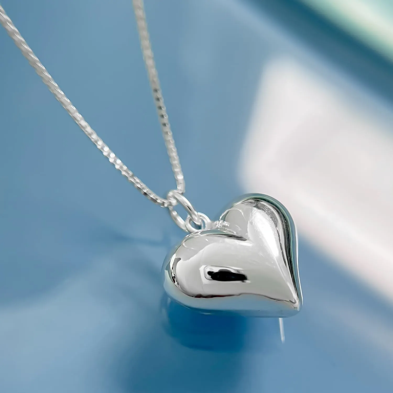 Large Sterling Silver Heart Necklace, Puffed Heart Pendant Necklace, Perfect Gift Birthday Christmas Mother's Day Gift for Wife, Daughter or Mom (18 inches plus 2-inch extender)