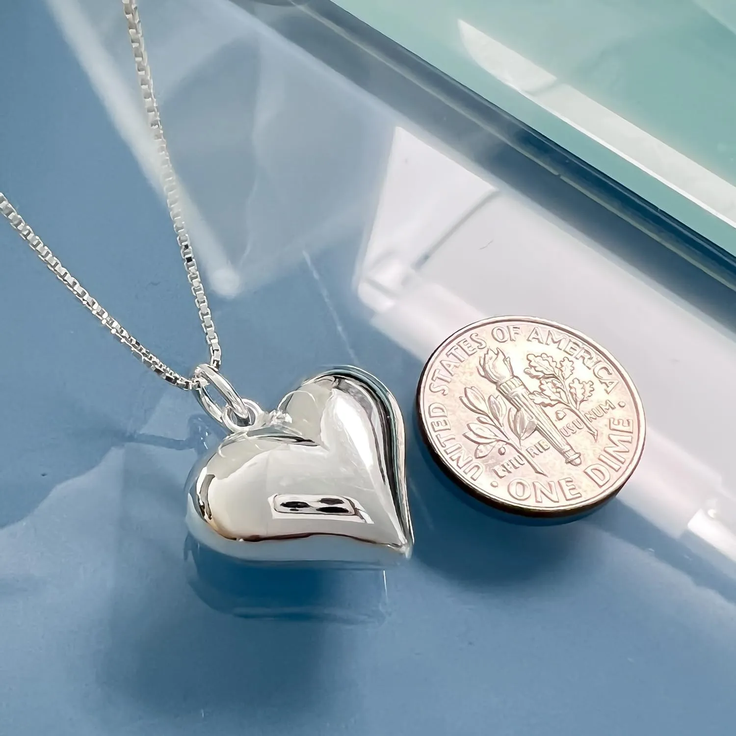 Large Sterling Silver Heart Necklace, Puffed Heart Pendant Necklace, Perfect Gift Birthday Christmas Mother's Day Gift for Wife, Daughter or Mom (18 inches plus 2-inch extender)