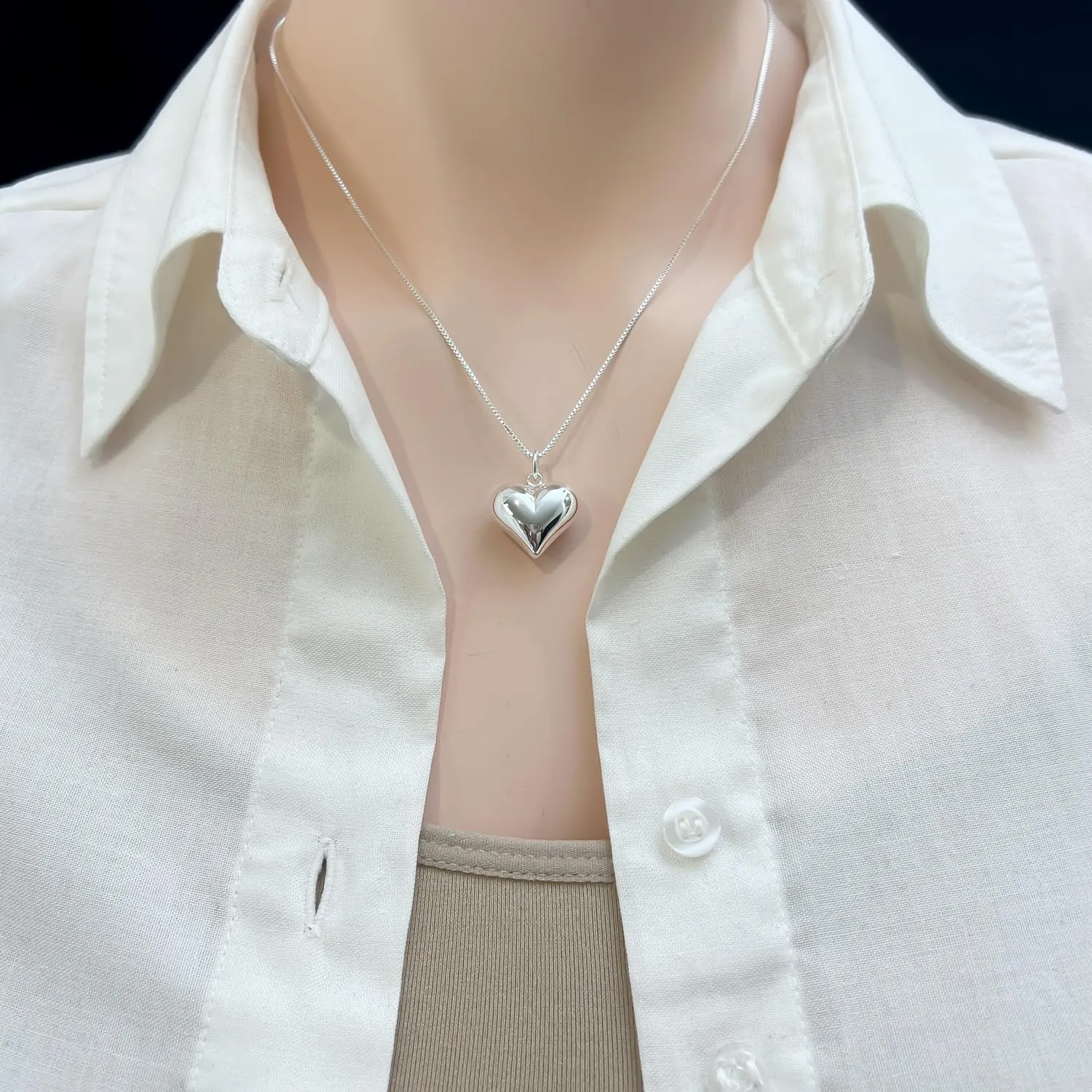 Large Sterling Silver Heart Necklace, Puffed Heart Pendant Necklace, Perfect Gift Birthday Christmas Mother's Day Gift for Wife, Daughter or Mom (18 inches plus 2-inch extender)
