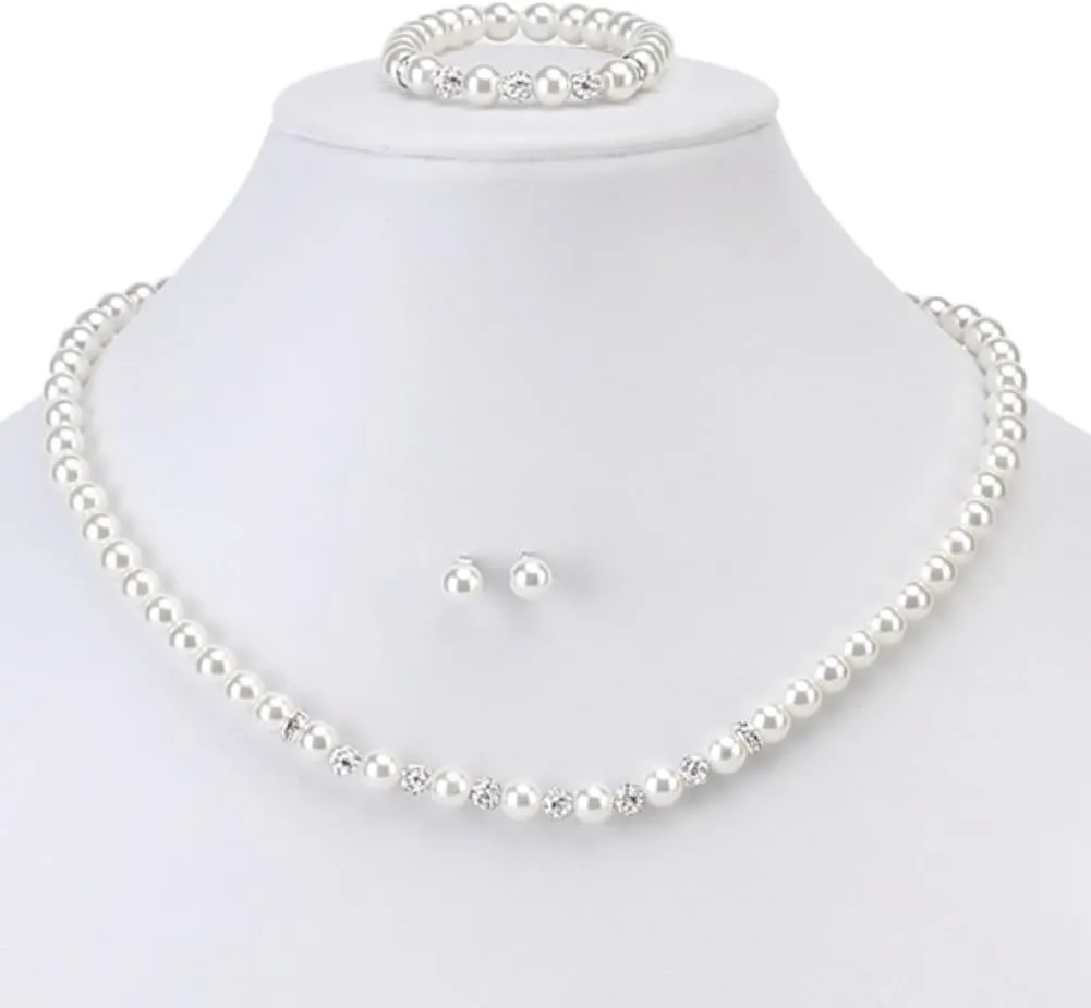 LEILE 8mm Faux Crystal Glass Imitation Pearls Necklace Bracelet Earring Butterfly Pendant Jewelry 3 set For Girl Kids