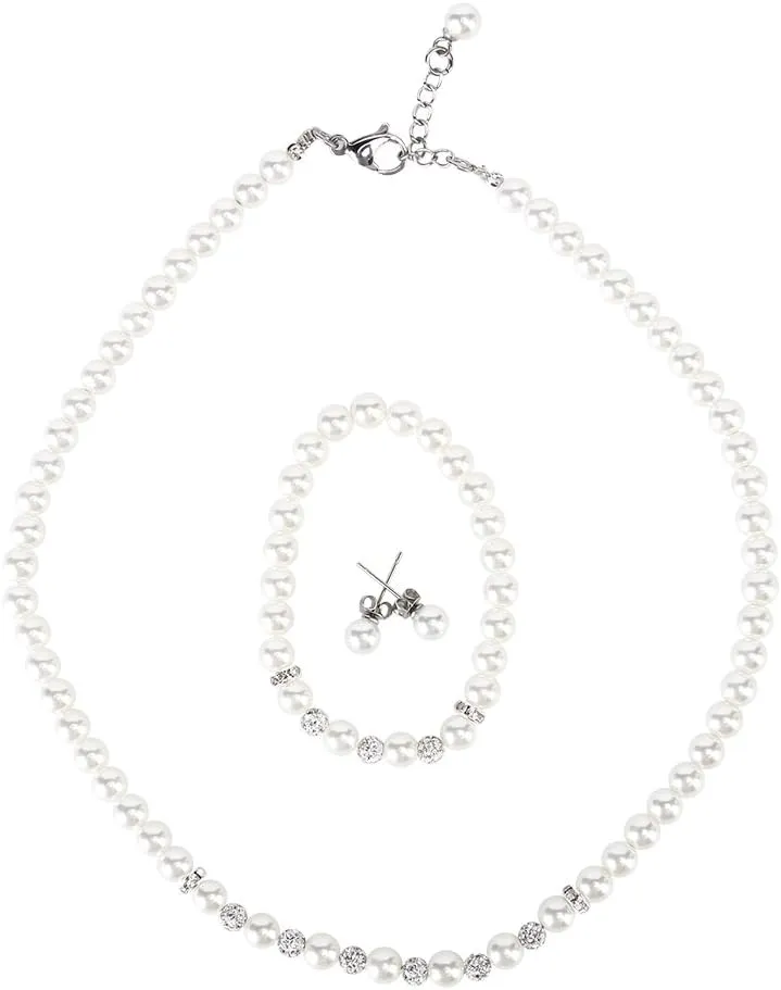 LEILE 8mm Faux Crystal Glass Imitation Pearls Necklace Bracelet Earring Butterfly Pendant Jewelry 3 set For Girl Kids