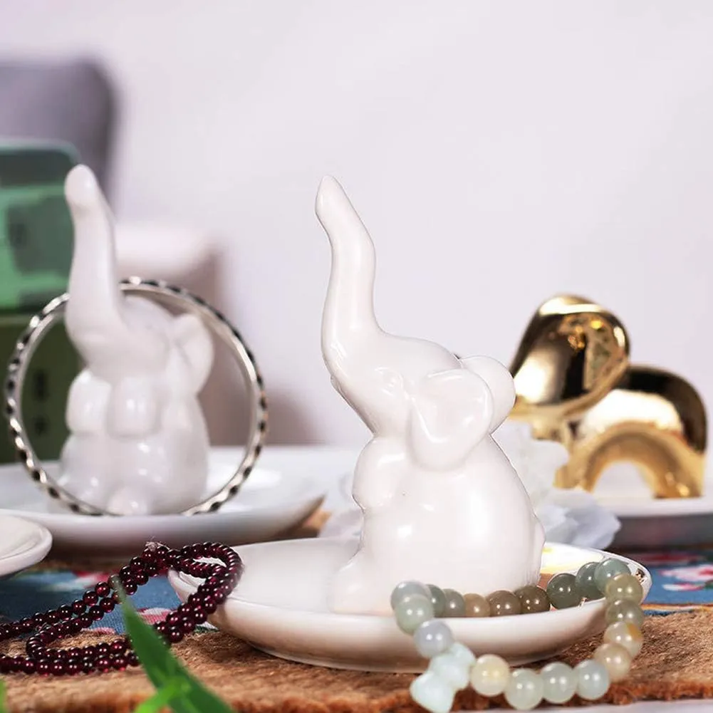 Lependor Elephant Ring Holder Jewelry Tray for Wedding Christmas Birthday, Handmade Ceramic Decor Jewelry Small Animal Tray - White Elephant