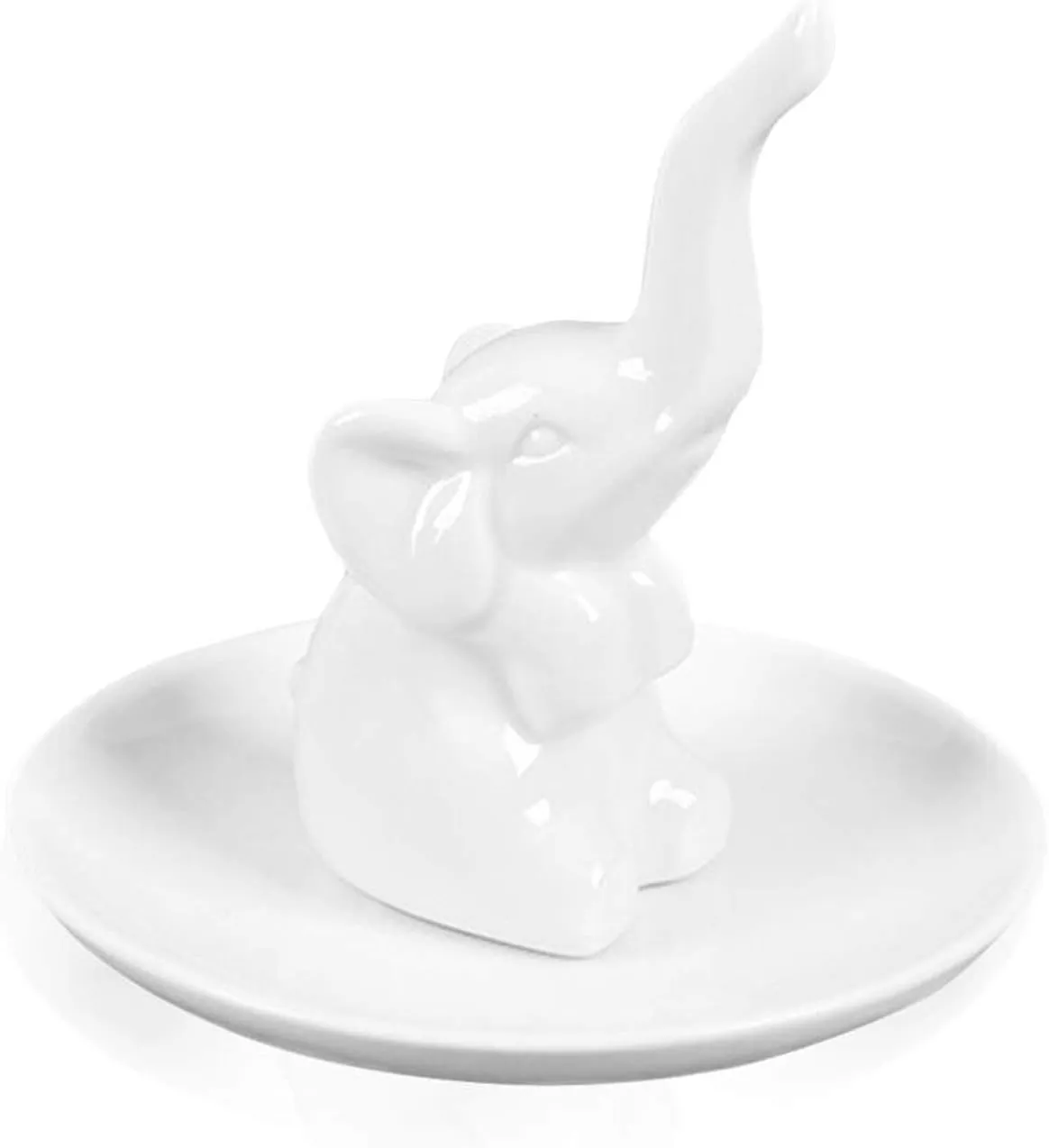 Lependor Elephant Ring Holder Jewelry Tray for Wedding Christmas Birthday, Handmade Ceramic Decor Jewelry Small Animal Tray - White Elephant