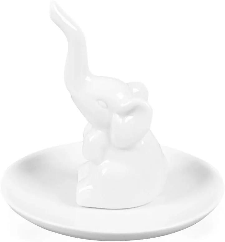 Lependor Elephant Ring Holder Jewelry Tray for Wedding Christmas Birthday, Handmade Ceramic Decor Jewelry Small Animal Tray - White Elephant