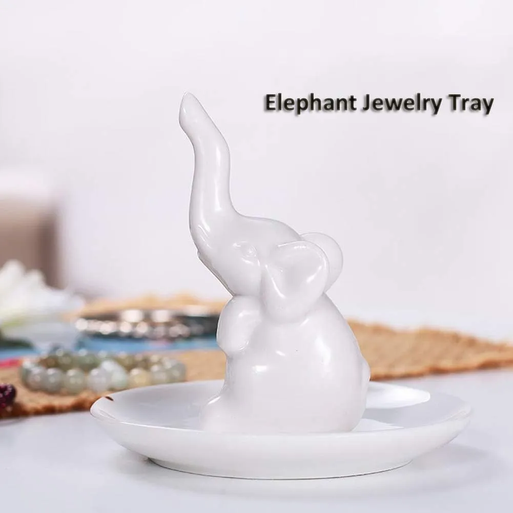 Lependor Elephant Ring Holder Jewelry Tray for Wedding Christmas Birthday, Handmade Ceramic Decor Jewelry Small Animal Tray - White Elephant