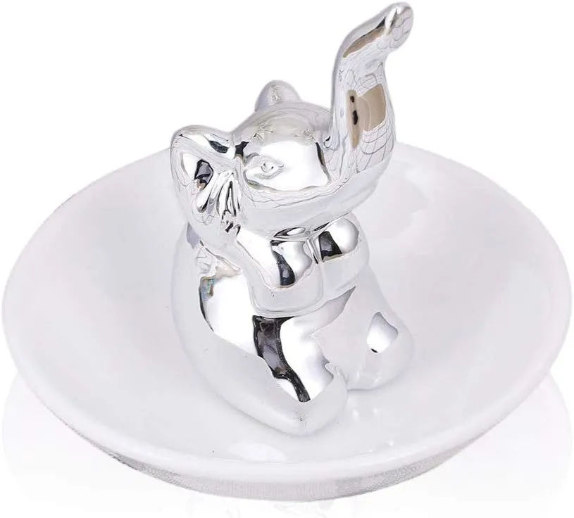 Lependor Lucky Elephant Ring Holder Jewelry Tray for Wedding Christmas Birthday Gifts, Handmade Ceramic Decor Jewelry Small Animal Tray - Silver Elephant