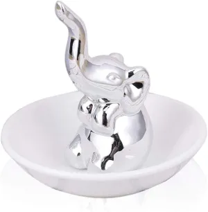 Lependor Lucky Elephant Ring Holder Jewelry Tray for Wedding Christmas Birthday Gifts, Handmade Ceramic Decor Jewelry Small Animal Tray - Silver Elephant