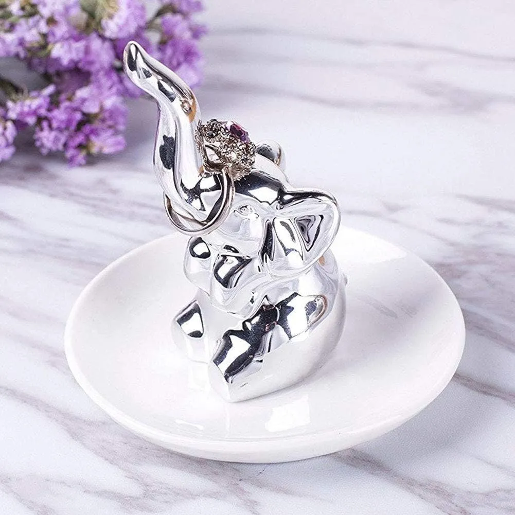 Lependor Lucky Elephant Ring Holder Jewelry Tray for Wedding Christmas Birthday Gifts, Handmade Ceramic Decor Jewelry Small Animal Tray - Silver Elephant