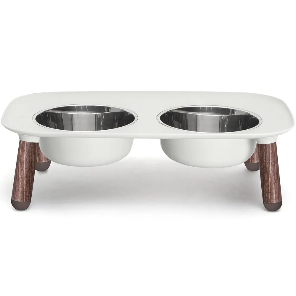 Messy Mutts Adjustable Elevated Double Feeder With Stainless Steel Dog Bowls (Light Grey, Faux Wood Legs)