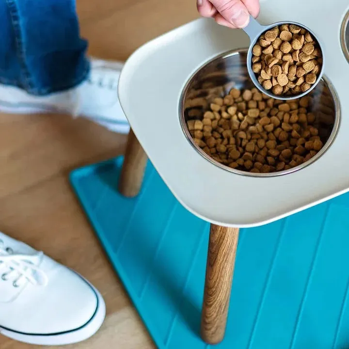 Messy Mutts Adjustable Elevated Double Feeder With Stainless Steel Dog Bowls (Light Grey, Faux Wood Legs)