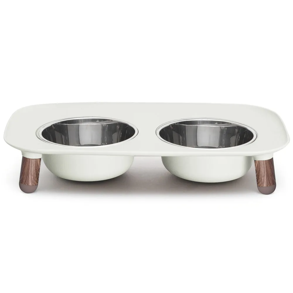 Messy Mutts Adjustable Elevated Double Feeder With Stainless Steel Dog Bowls (Light Grey, Faux Wood Legs)