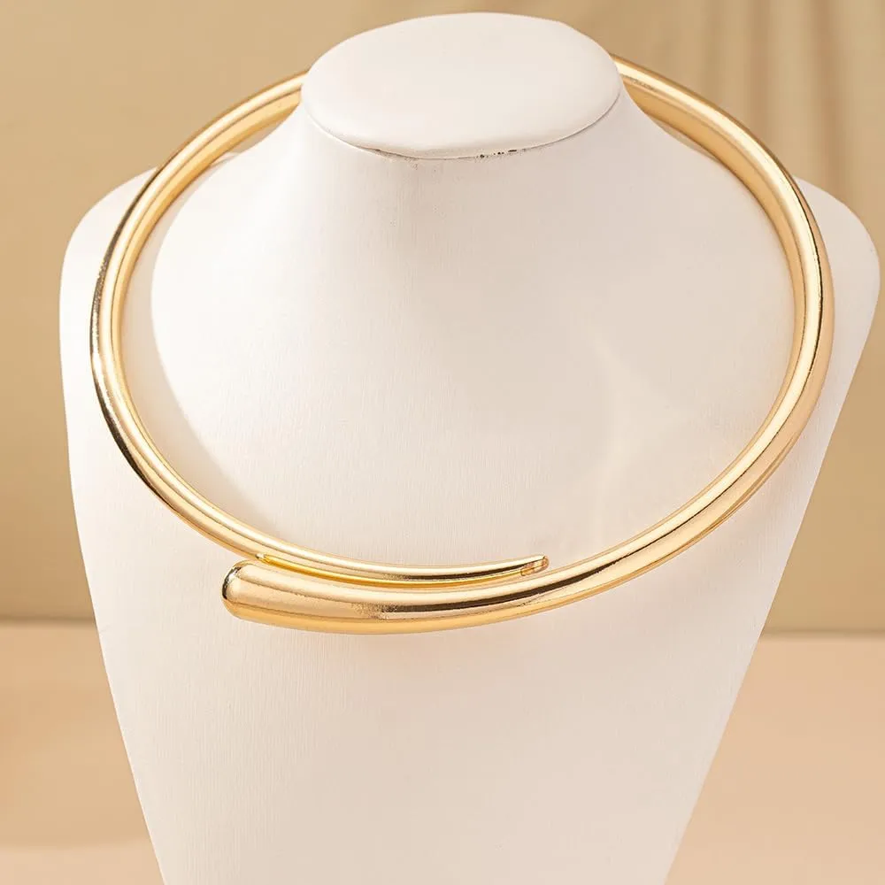 Mrotrida Women's Thick Chunky Metal Spring Open Necklace Creative Punk Geometric Smooth Metal Water Drop Choker Necklace