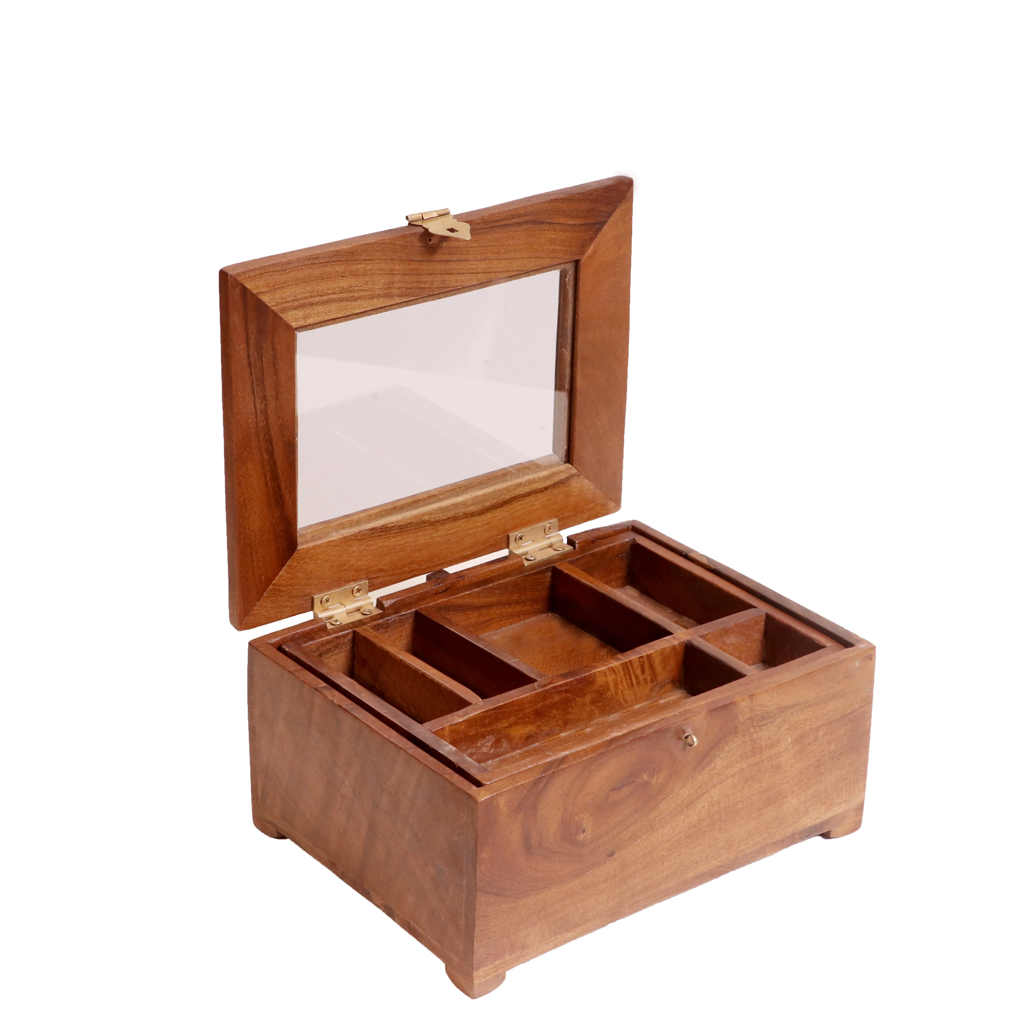 Multi compartment Solid wood glass lid removable Tray