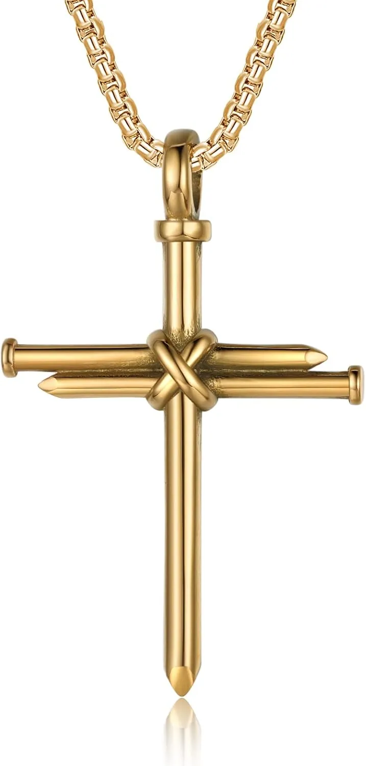 Nail Cross Necklace for Men Stainless Steel Chain 24inch 3 Nails Jesus Cross Pendant Christian Gifts for Dad 3 Colors