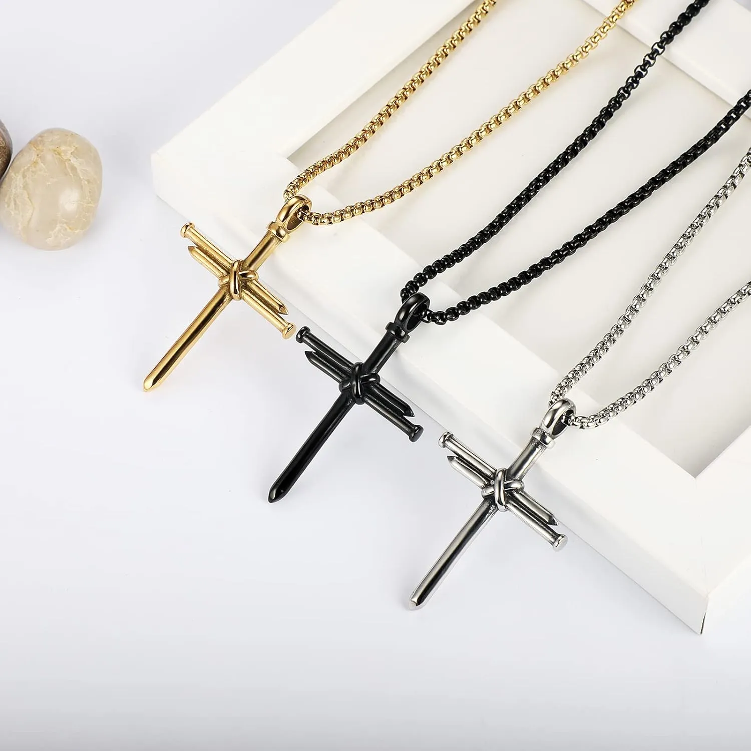 Nail Cross Necklace for Men Stainless Steel Chain 24inch 3 Nails Jesus Cross Pendant Christian Gifts for Dad 3 Colors