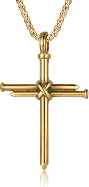 Nail Cross Necklace for Men Stainless Steel Chain 24inch 3 Nails Jesus Cross Pendant Christian Gifts for Dad 3 Colors