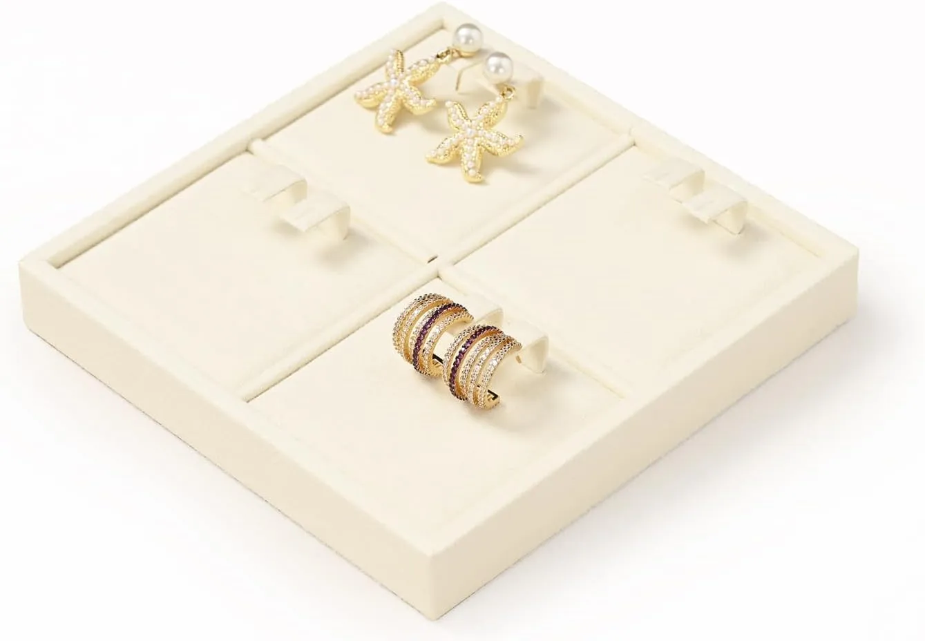 Oirlv Microfiber 4 Slots Jewelry Earring Display Tray Earring Display Organizer Tray(Beige)