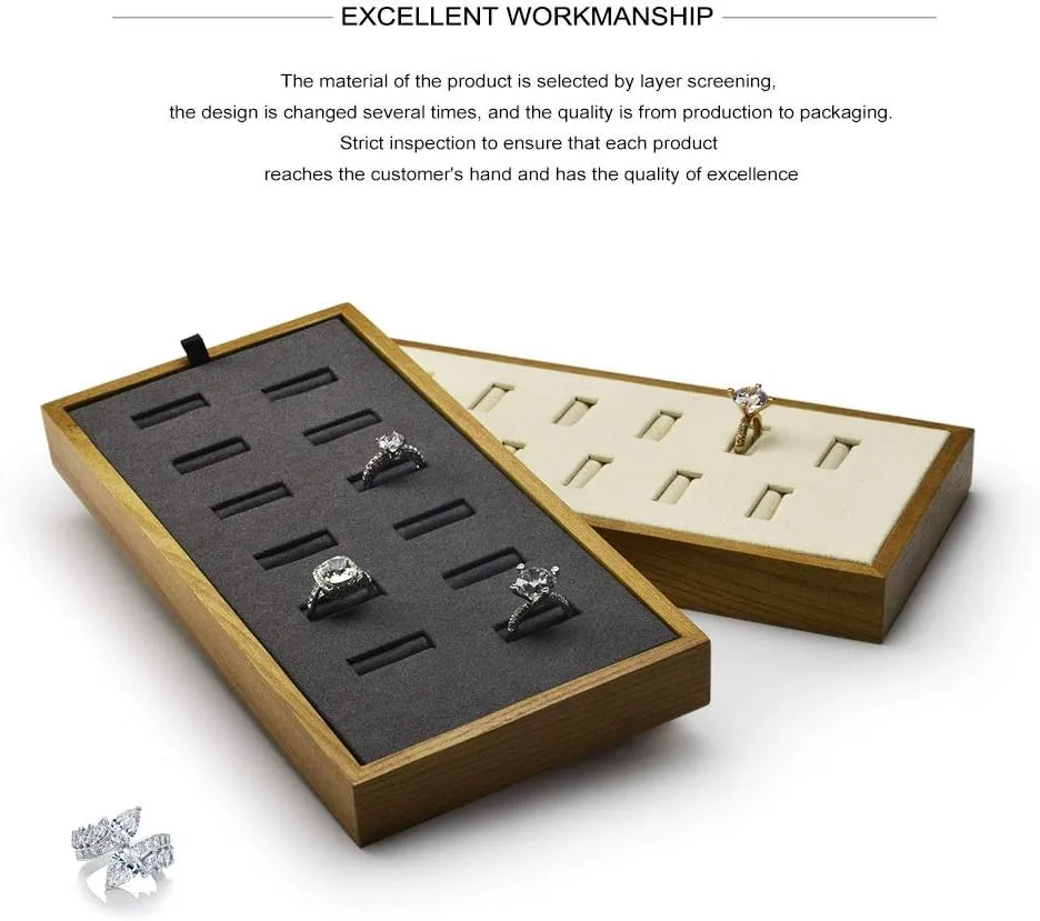 Oirlv Solid Wood Jewelry Display Tray 12 Slots Ring Holder Showcase Organizer(Grey)