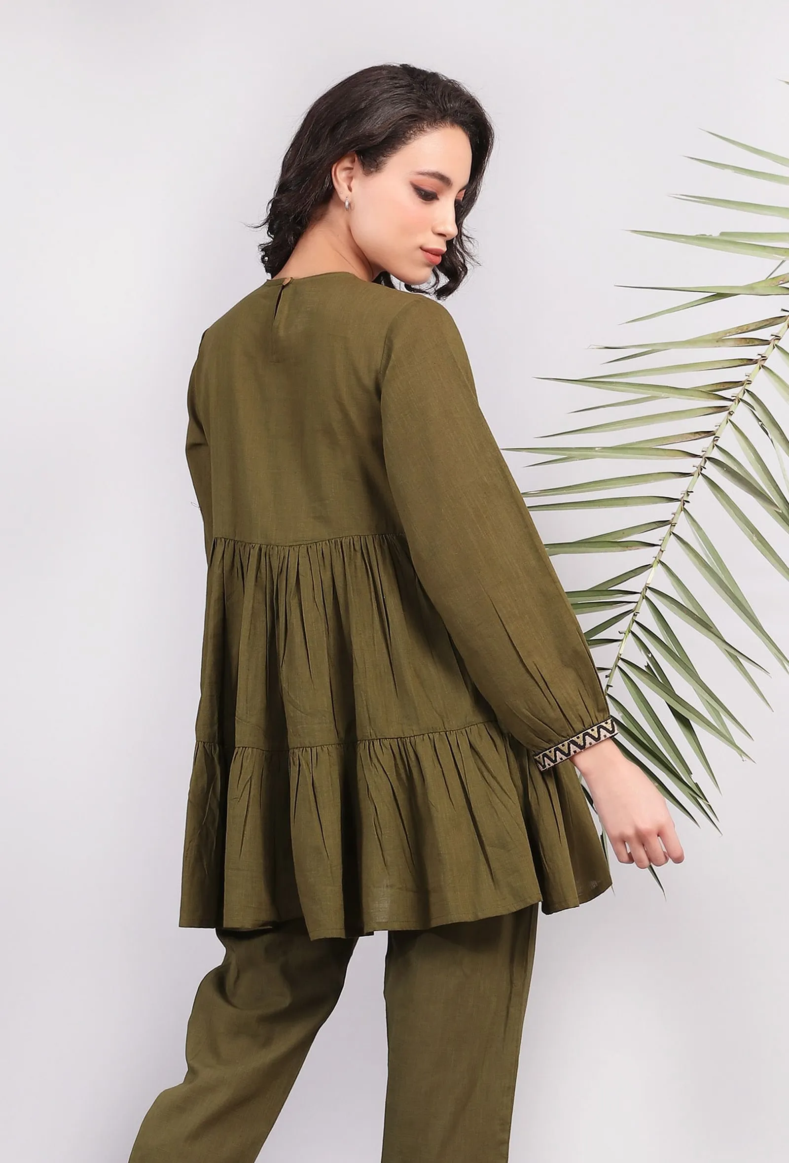 Olive Green Kantha Embroidered Short Tier Kurta
