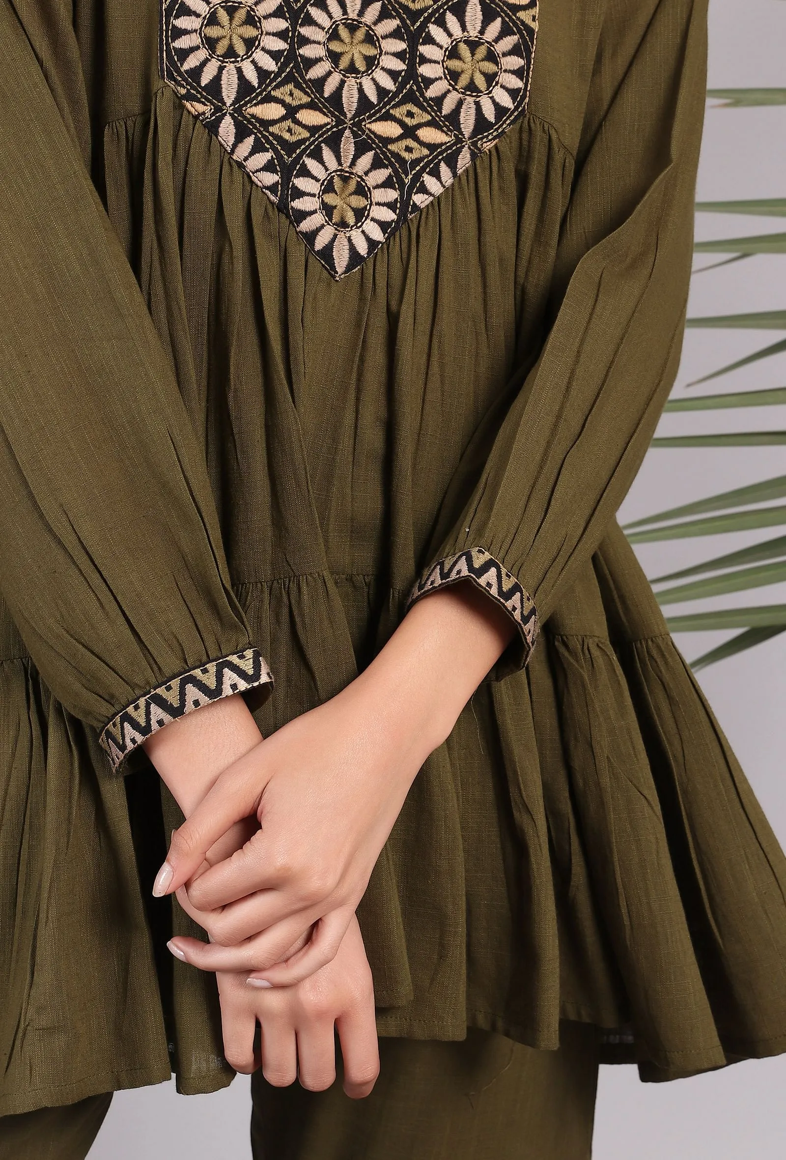 Olive Green Kantha Embroidered Short Tier Kurta